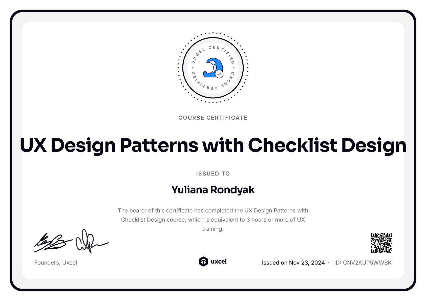 Yuliana Rondyak's certificate